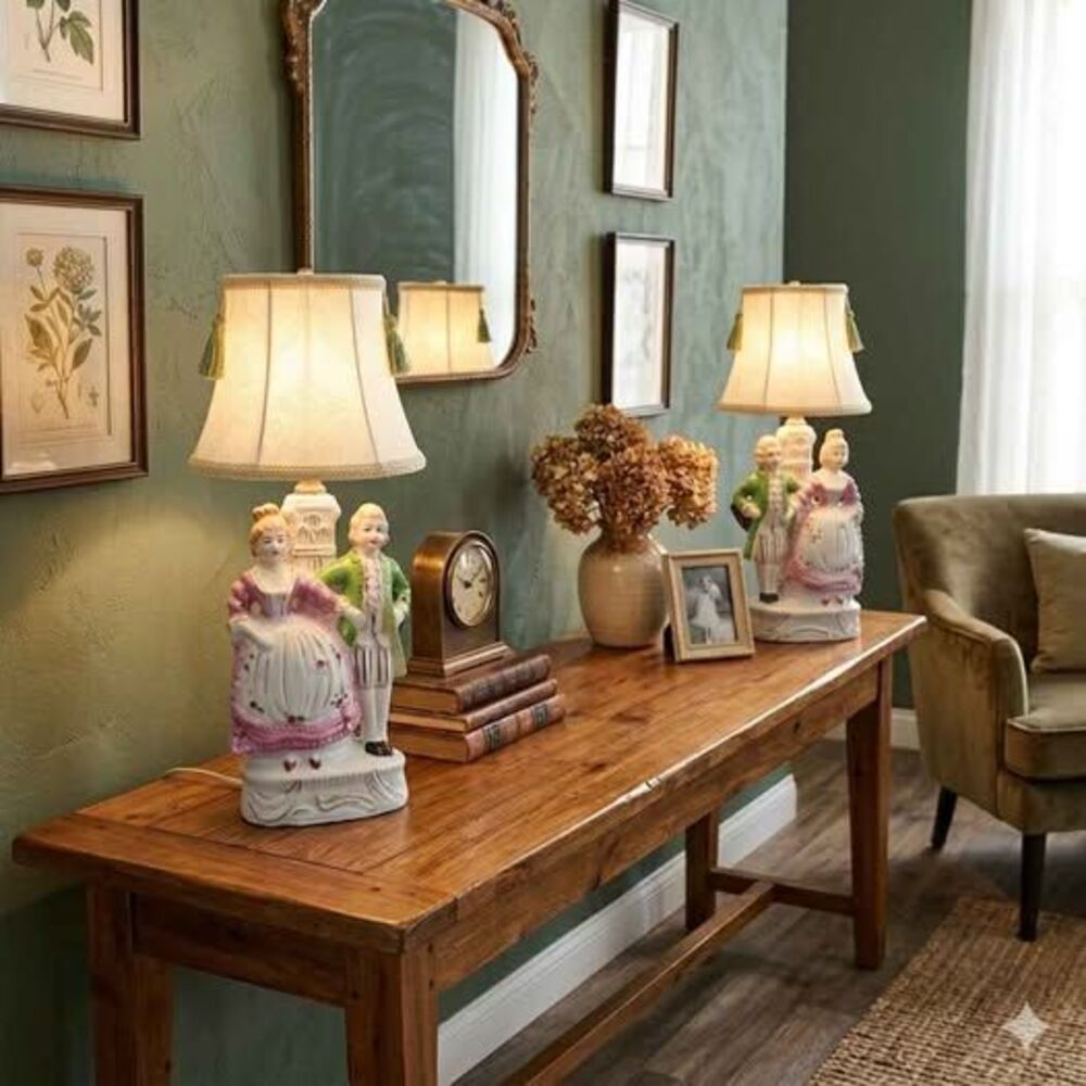 Vintage Porcelain Courting Couple Table Lamps - Pair